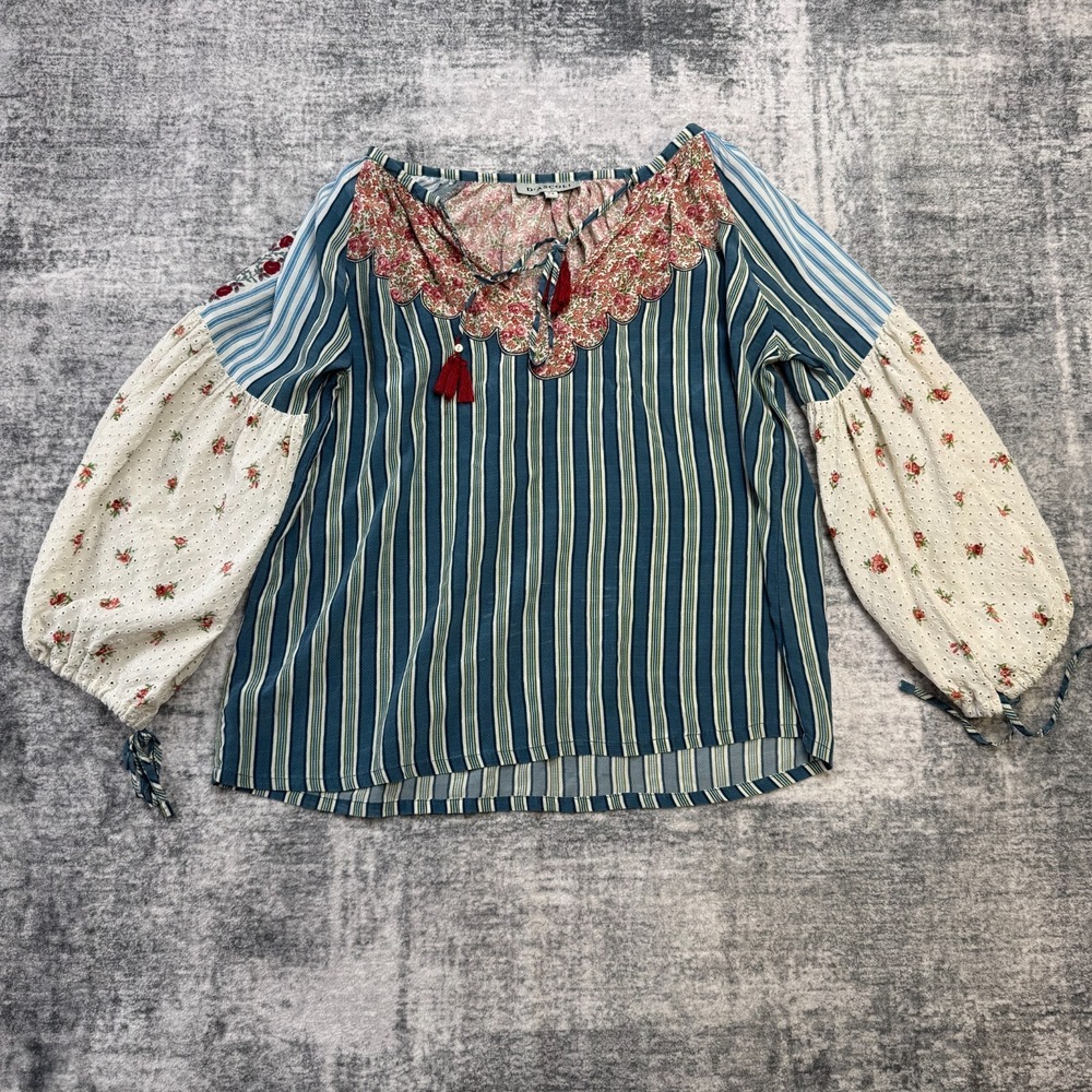 D'Ascoli Top Womens Medium Silk Striped Flower Bohemian Peasant Gypsy Tassels